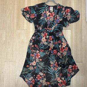 Floral Flutter-Sleeve Swim Coverup in Black with Pink & Teal